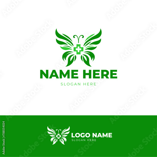 Health care butterfly logo with elegant icon of healing, with nice wings and a subtle nod to the medical cross integrated into the design