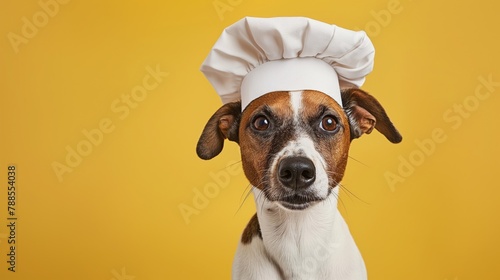 Portrait of an anthropomorphic dog dressed as a chef against a yellow background