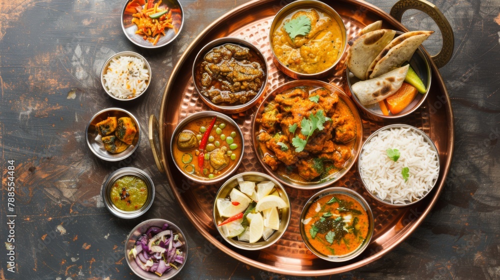 A traditional Indian thali meal arranged beautifully on a copper plate, featuring a variety of vegetarian dishes, chutneys, and pickles, representing the diversity of flavors in Indian cooking. A traditional Indian thali meal arranged beautifully on a copper plate, featuring a variety of vegetarian dishes, chutneys, and pickles, representing the diversity of flavors in Indian cooking.