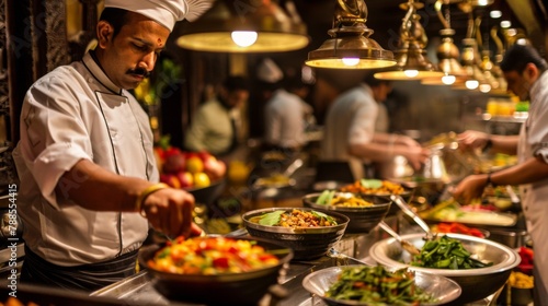 A traditional Indian kitchen bustling with activity as chefs prepare a feast of aromatic dishes, showcasing the vibrant culture and culinary heritage of India. photo
