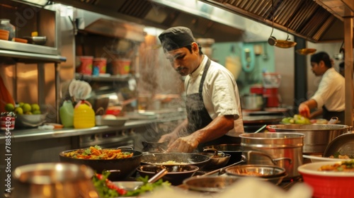 A traditional Indian kitchen bustling with activity as chefs prepare a feast of aromatic dishes, showcasing the vibrant culture and culinary heritage of India. photo