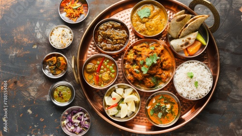 A traditional Indian thali meal arranged beautifully on a copper plate, featuring a variety of vegetarian dishes, chutneys, and pickles, representing the diversity of flavors in Indian cooking. photo