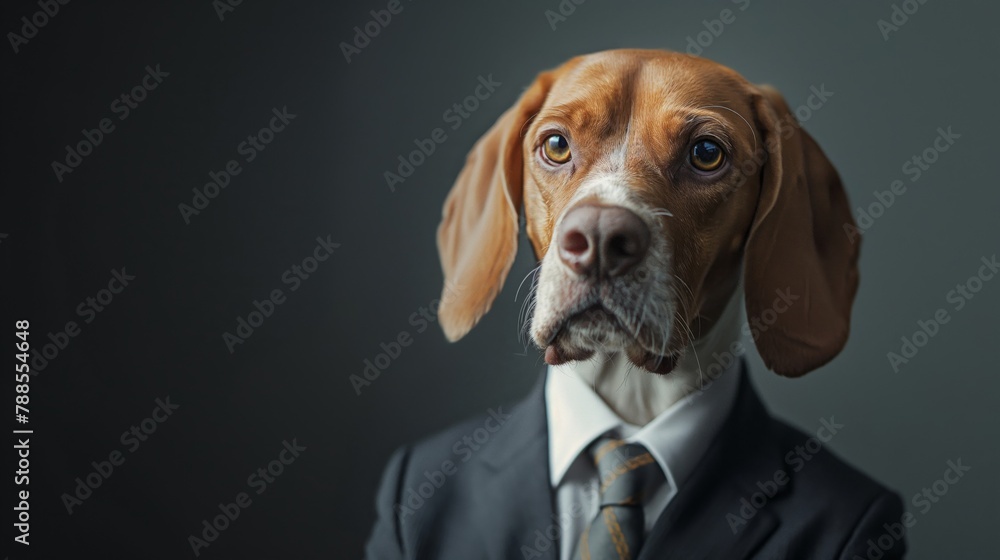 Professional and sophisticated corporate canine portrait featuring an anthropomorphic dog in business attire, wearing a suit and tie, exuding professionalism and seriousness