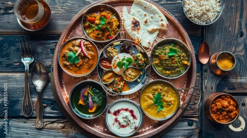 A traditional Indian thali meal arranged beautifully on a copper plate, featuring a variety of vegetarian dishes, chutneys, and pickles, photo