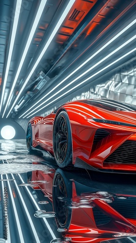 A Vertical Image Of An Electric Sports Car Parked In A Well-Lit Garage.