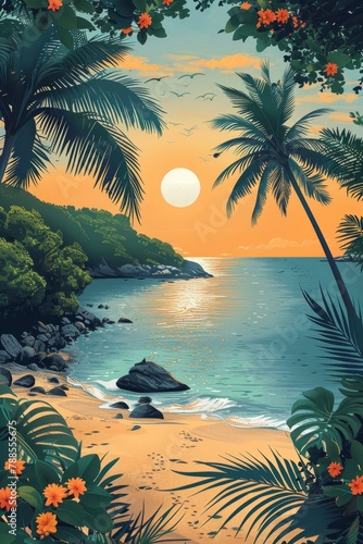Tropical coast  beach. Sea view. The day of summer. Illustration