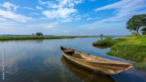 A wooden fishing boat anchored on a serene riverbank, with fishermen preparing their nets for a day of traditional fishing.