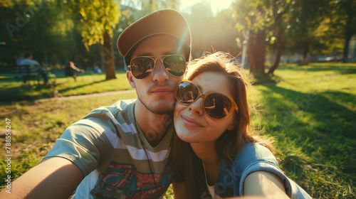 Casal abraçados no parque no estilo selfie photo