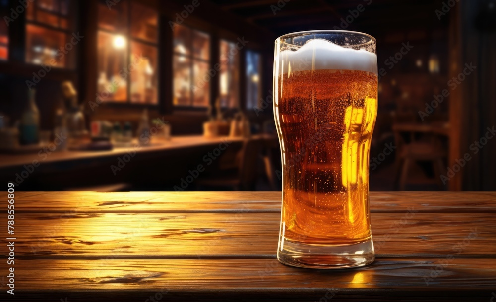 Glass of beer on wooden table in pub or bar interior background. Glass of beer on wooden table in pub or bar interior background.