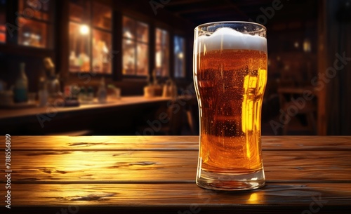 Glass of beer on wooden table in pub or bar interior background.