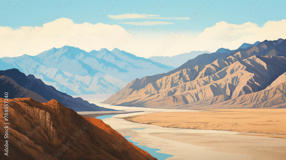Fototapeta premium Illustration d'un paysage désertique. Nevada, Utah, USA. La Vallée des morts, Grand Canyon. Montagne, ciel nuageux. Nature, désert, calme. Pour conception et création graphique.
