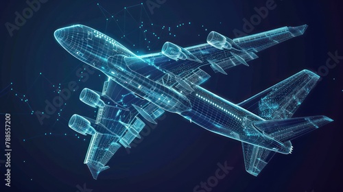 Airplane Jet in Hologram Wire frame Style. AI generated