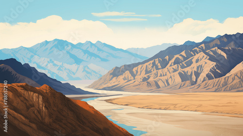 Illustration d'un paysage désertique. Nevada, Utah, USA. La Vallée des morts, Grand Canyon. Montagne, ciel nuageux. Nature, désert, calme. Pour conception et création graphique.