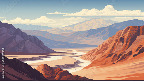 Illustration d'un paysage désertique. Nevada, Utah, USA. La Vallée des morts, Grand Canyon. Montagne, ciel nuageux. Nature, désert, calme. Pour conception et création graphique. photo