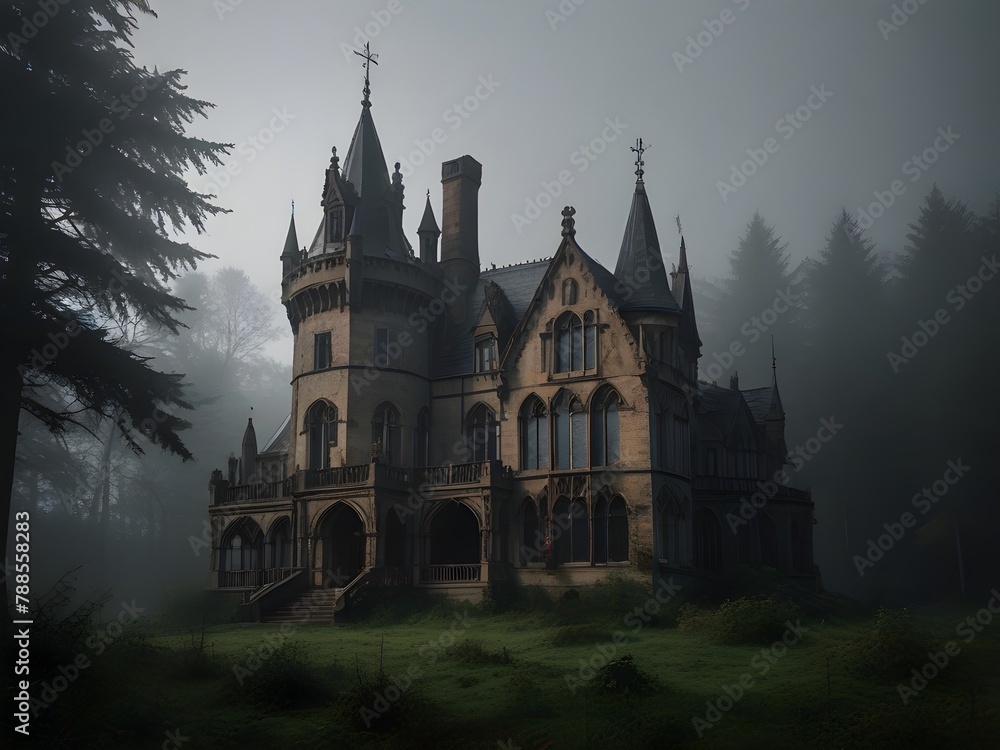 Gothic revival castle with turrets and stained glass windows in a misty forest, generative AI