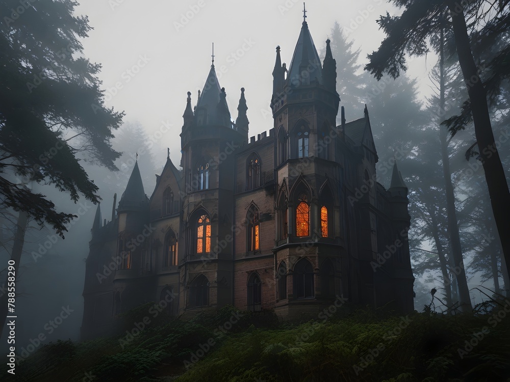 Gothic revival castle with turrets and stained glass windows in a misty forest, generative AI