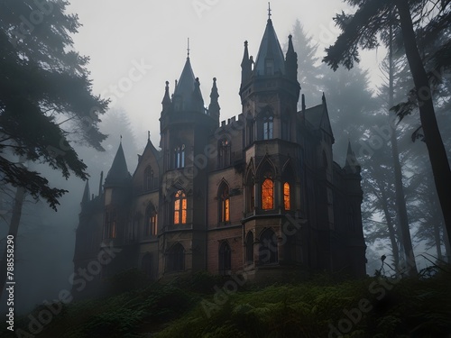 Gothic revival castle with turrets and stained glass windows in a misty forest  generative AI