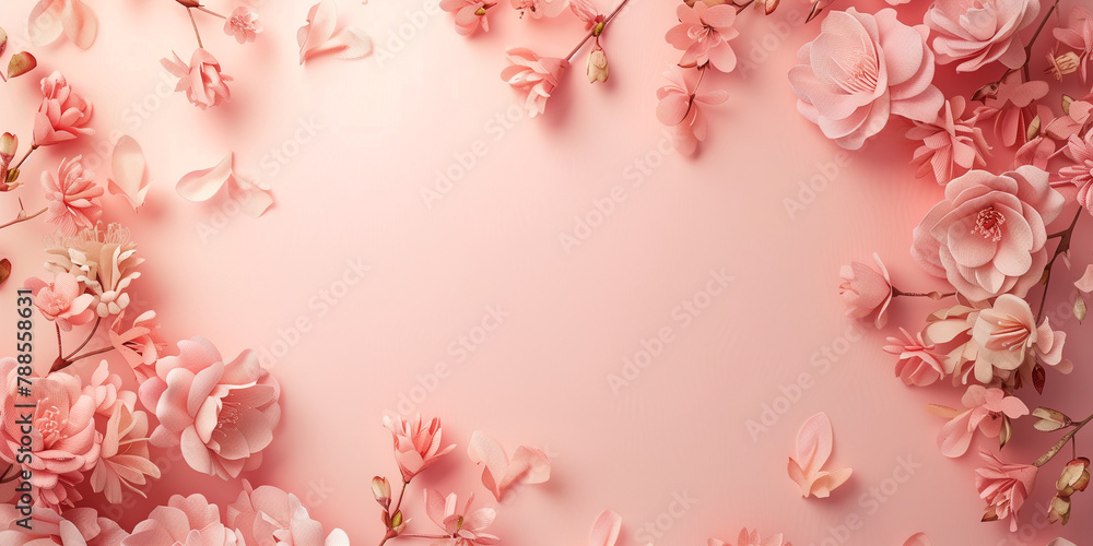 An array of pink flowers arranged in a circular frame on a soft pink background, perfect for invitations