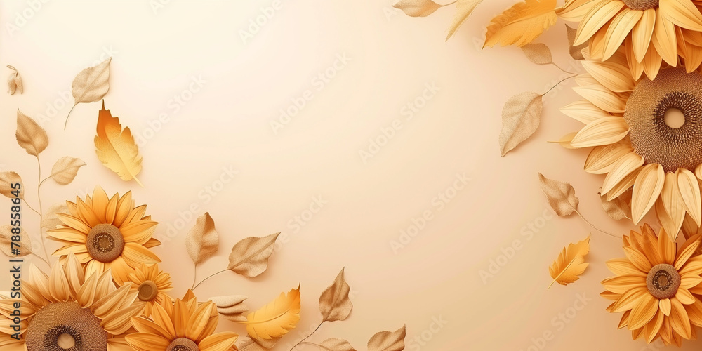 Warm cream background with a golden sunflower arrangement exuding a sense of warmth and nostalgia, perfect for various artistic applications Warm cream background with a golden sunflower arrangement exuding a sense of warmth and nostalgia, perfect for various artistic applications