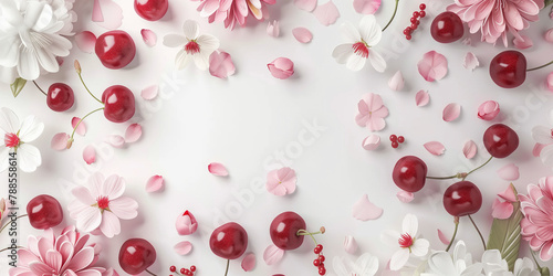 Cherry fruits and pink flowers aesthetically placed around a central white space for diverse design use