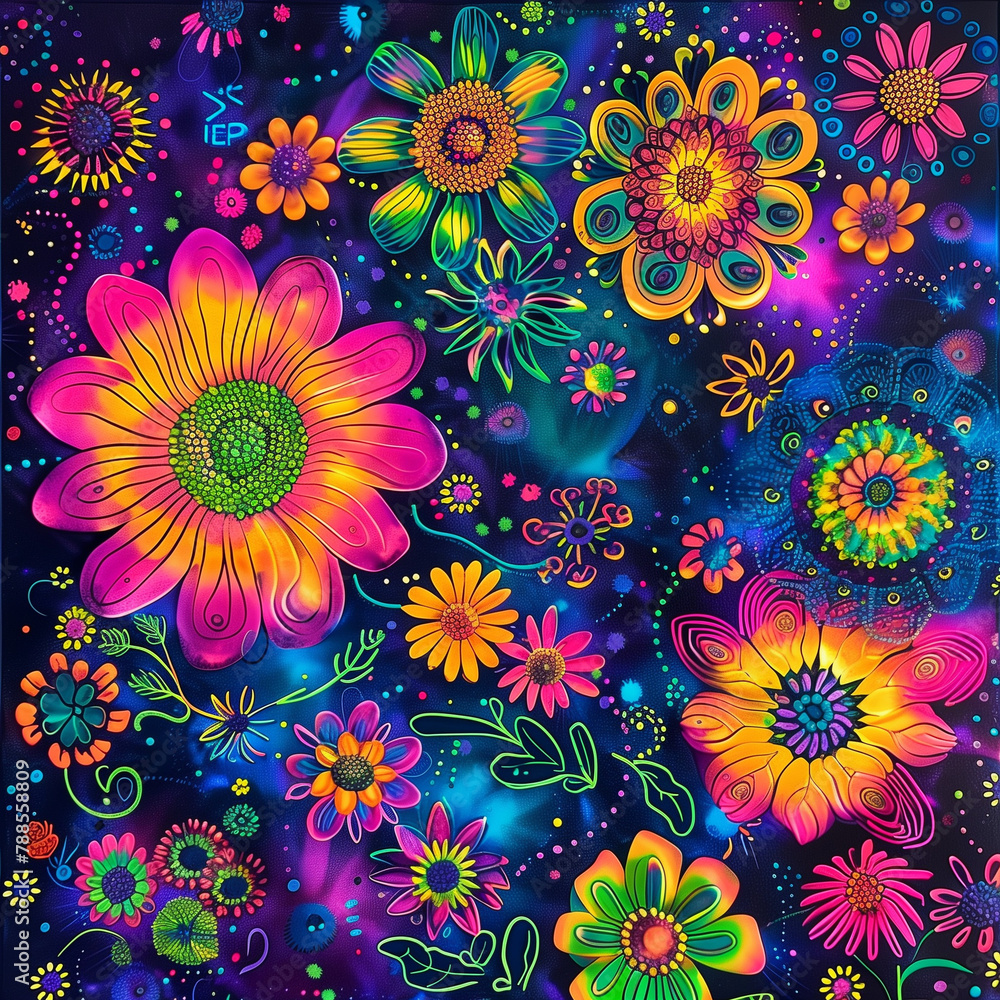 An array of neon-colored flowers blooming vibrantly on a psychedelic and visually stimulating patterned background An array of neon-colored flowers blooming vibrantly on a psychedelic and visually stimulating patterned background