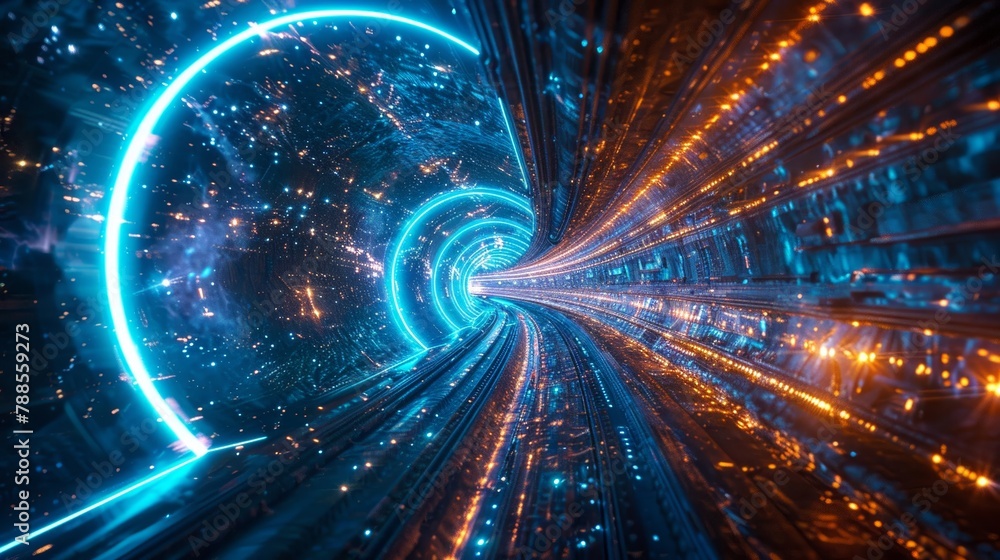 Sci-fi warp tunnel, blue light streams, rapid spaceflight
