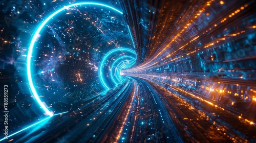 Sci-fi warp tunnel, blue light streams, rapid spaceflight photo