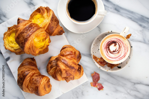 croissant and coffee on marble stone table