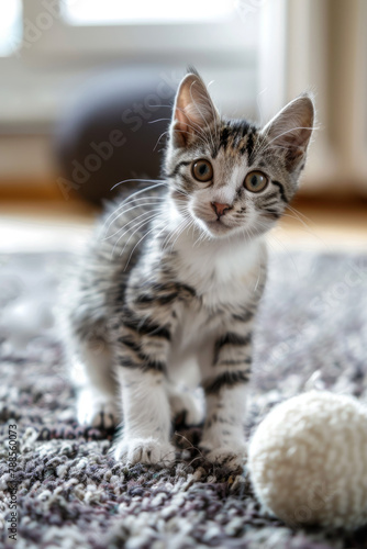 Adorable Kitten Playing with Ball on Cozy Carpet Indoors