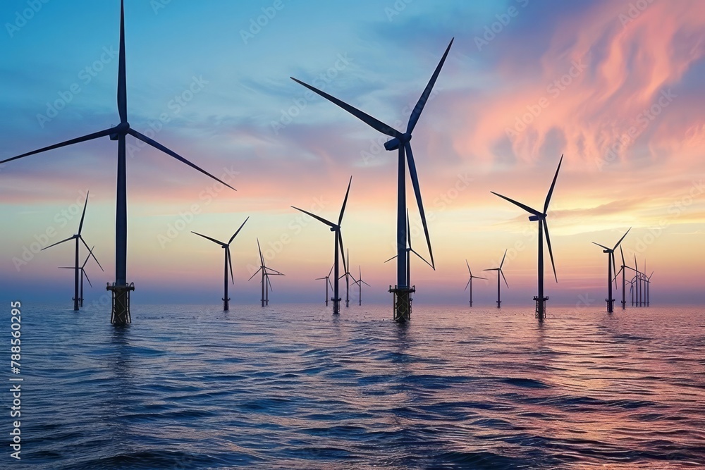 Wind turbines at sea, sustainable power generation, dusk, marine setting