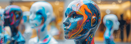 Colorfully Painted Mannequin Heads Display Against Blurry Background
