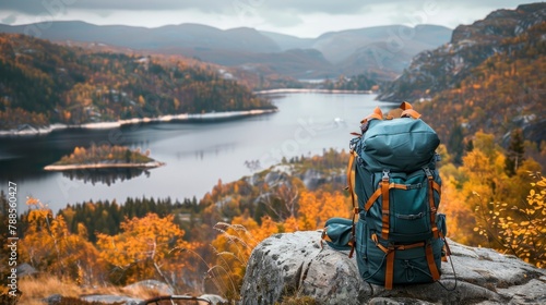 beautiful TRAVEL backpack ON A STONE and a beautiful landscape of a lake surrounded by mountains in autumn in high resolution and high quality. concept backpacks
