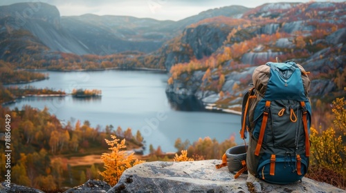 beautiful TRAVEL backpack ON A STONE and a beautiful landscape of a lake surrounded by mountains