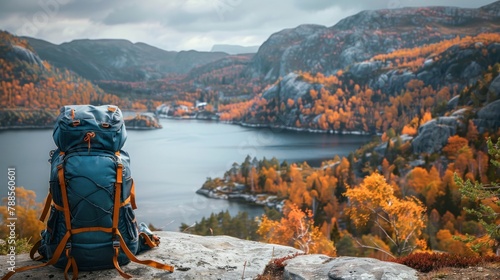 beautiful TRAVEL backpack ON A STONE and a beautiful landscape of a lake surrounded by mountains in autumn