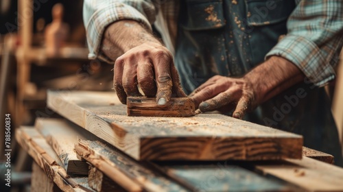 close up man owner a small furniture business is preparing wood for production. carpenter male is adjust wood to the desired size. architect, designer © pinkrabbit