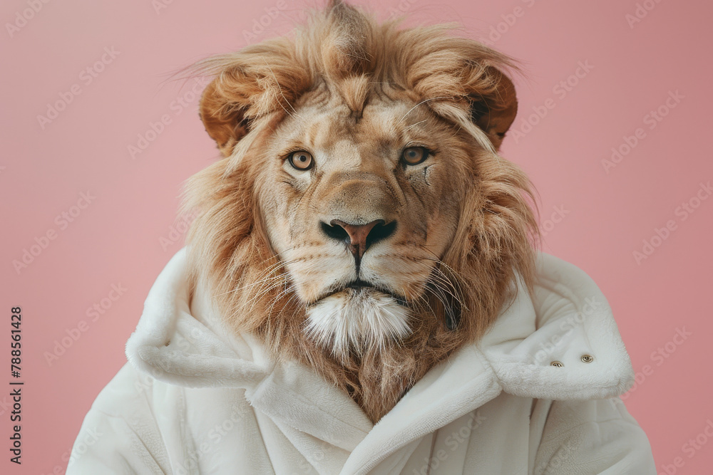 Majestic Lion Wearing White Hoodie on Pink Background