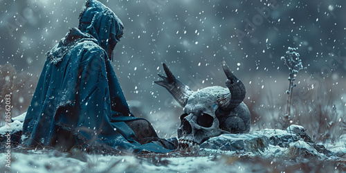 Mysterious Cloaked Figure in Snowy Landscape with Animal Skull