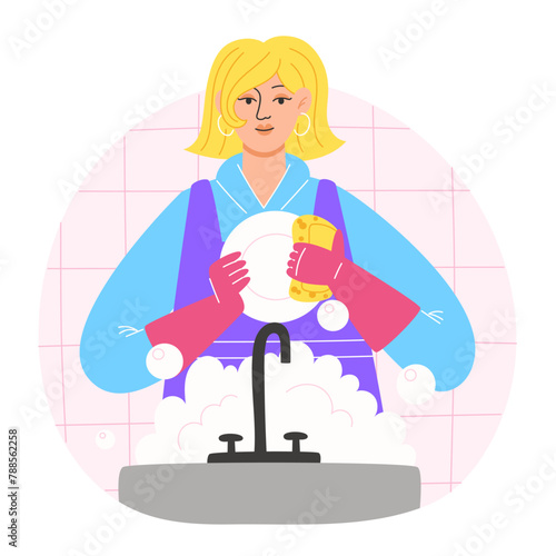 Woman washing dishes in a cozy kitchen