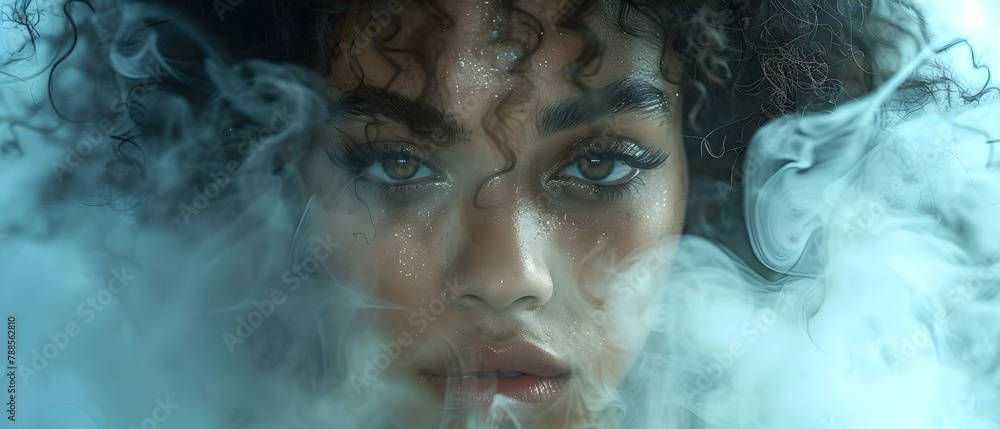 Mystical Gaze: Captivating Essence Amidst Ethereal Mist. Concept Fantasy Portraits, Magical Wilderness, Enigmatic Aura, Dreamy Settings, Ethereal Beauty