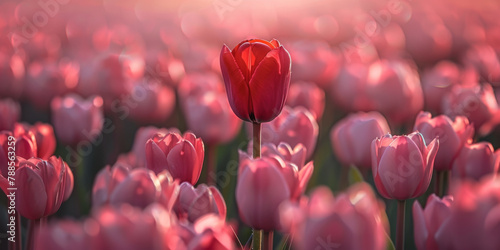 Radiant Red Tulip Standing Out in a Field of Pink Blooms at Sunset
