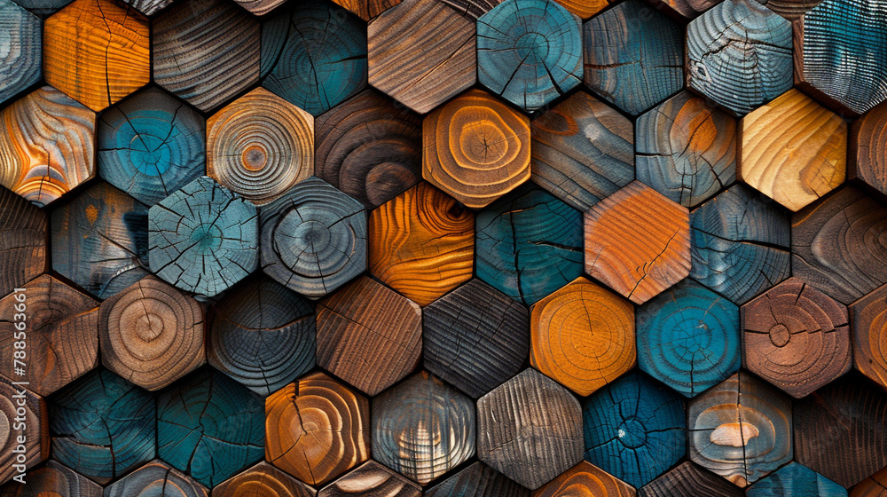 A beautiful abstract background of wooden hexagons in various shades of brown, blue and orange. A beautiful abstract background of wooden hexagons in various shades of brown, blue and orange.