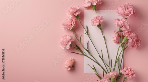 A splendid arrangement of carnations adorns a pristine notepad set against a soft pink backdrop in this charming flat lay Celebrating the essence of Mother s Day this holiday card exudes wa photo