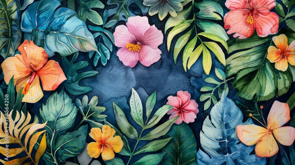 Lush watercolor painting of tropical hibiscus flowers nestled among rich green foliage, capturing the essence of a vibrant jungle.