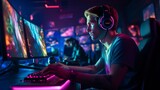 pro gamer man in headphones live streaming while playing online computer game, neon lights, esports,  gaming, monitor, play, young, player, internet, enjoyment, cyber,.