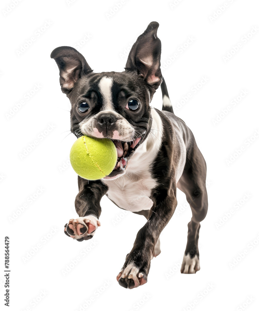 Boston terrier dog playing with ball isolated on transparent background