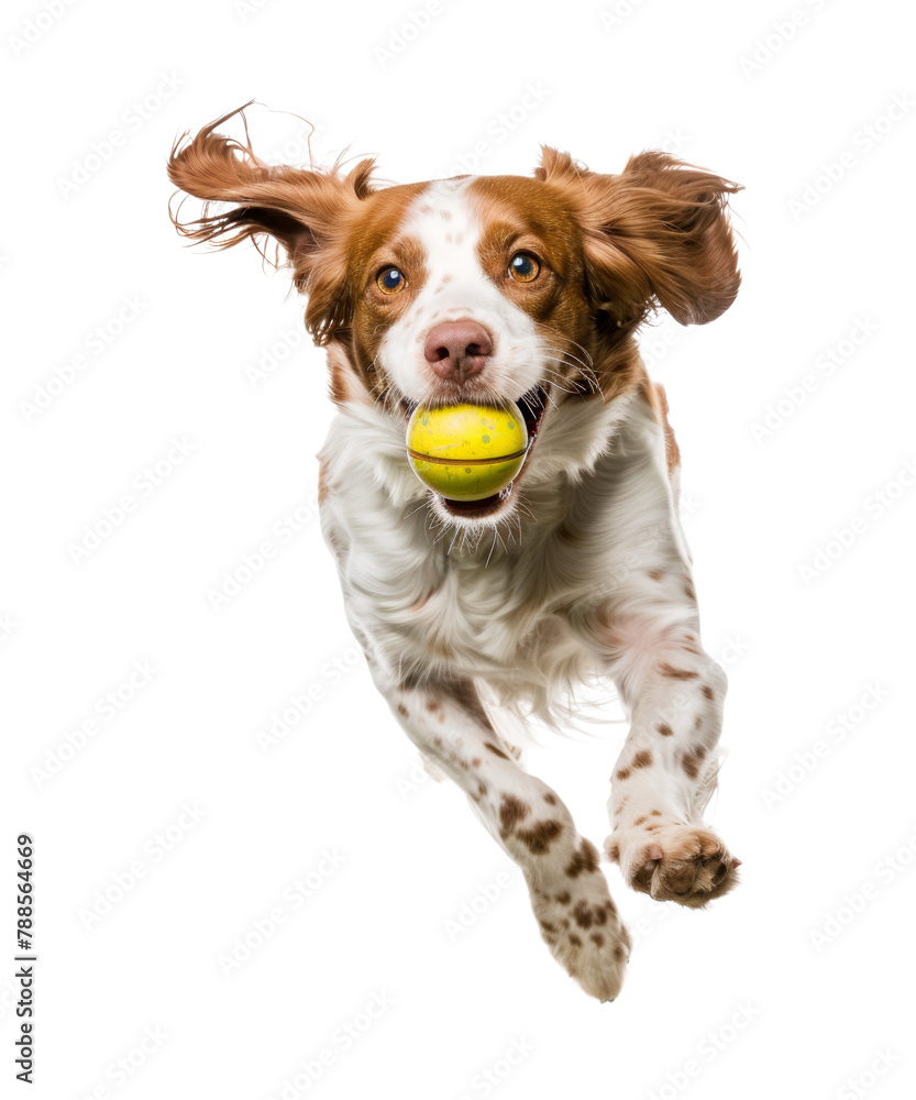 Brittany spaniel dog playing with ball isolated on transparent background
