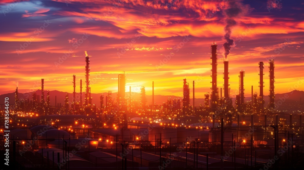 The warm hues of sunset cast a dramatic backdrop for the intricate silhouette of a bustling oil refinery.