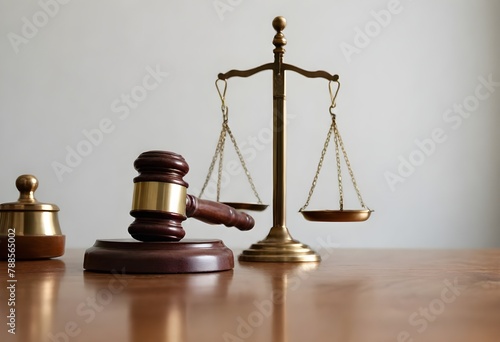 A wooden gavel in the foreground with a brass balance scale in the background on a wooden surface against a light backdrop