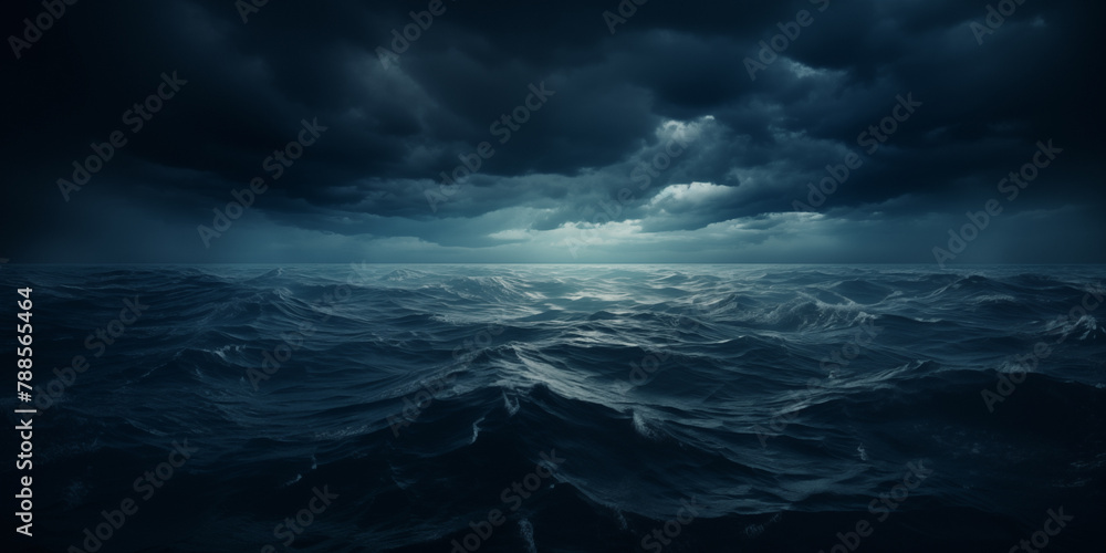 Rough Seas. Dramatic muted blue stormy cloudy sky reflecting on the troubled water surface. Panoramic wide angle view. Fantasy stormy sea. Cinematic stormy ocean with rays of light in the center.