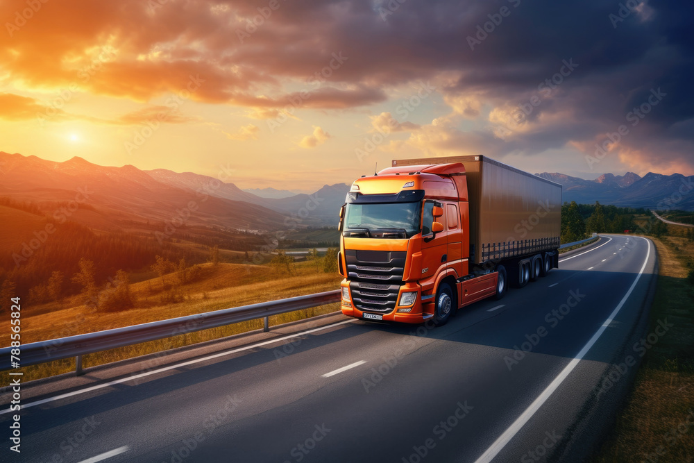 truck on highway with scenic mountain landscape